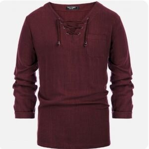 NWT Paul Jones Mens Renaissance Lace Up Linen Tee Shirt Boho V-Neck Hippie